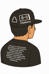 黒いキャップとTシャツを着た人物の後ろ姿のイラスト。キャップには「CityNomix」のロゴ、Tシャツの背中には文化的メッセージが描かれている。