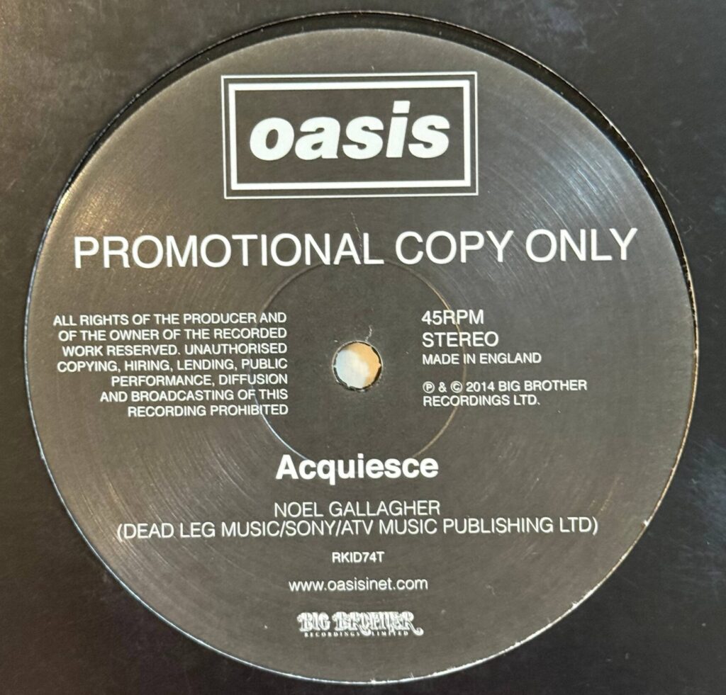 Oasis 'Acquiesce' promo vinyl record (RKID74T) from Sister Ray
