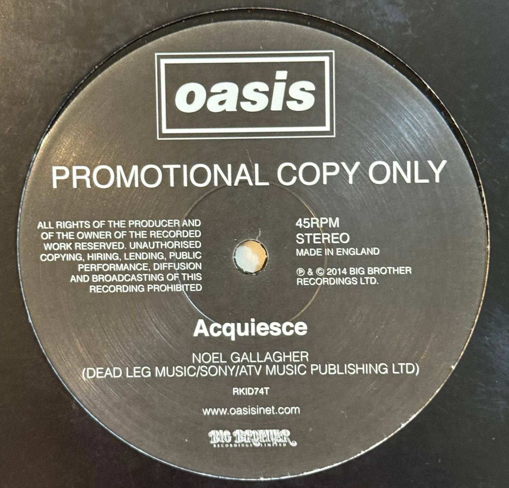 Oasis「Acquiesce」プロモ盤レコード Sister Rayで購入 (RKID74T)