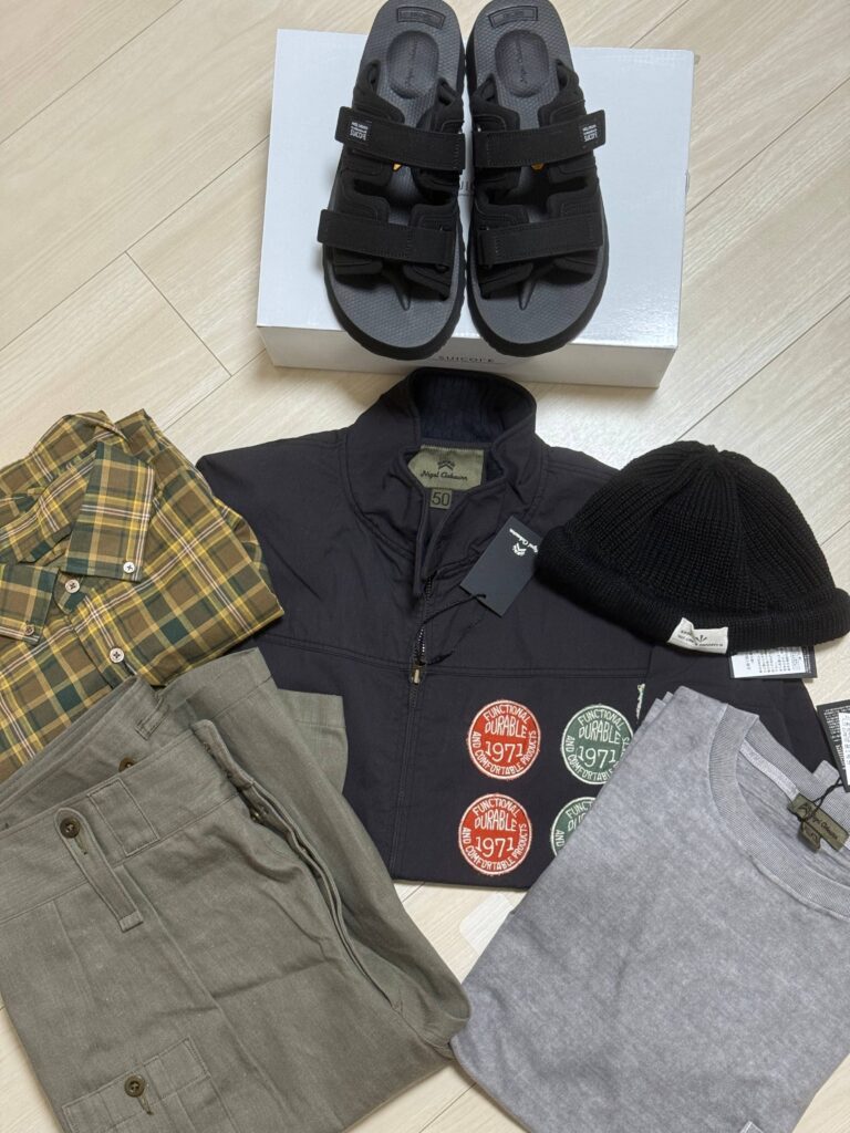 Nigel Cabourn purchases: Capsleeve Wappen Jacket, Suicoke collaboration sandals, beanie, T-shirt, denim shorts, check shirt