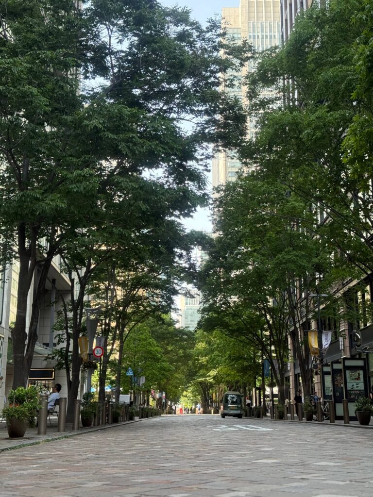 Lush tree-lined street in Otemachi cobblestone street and skyscrapers