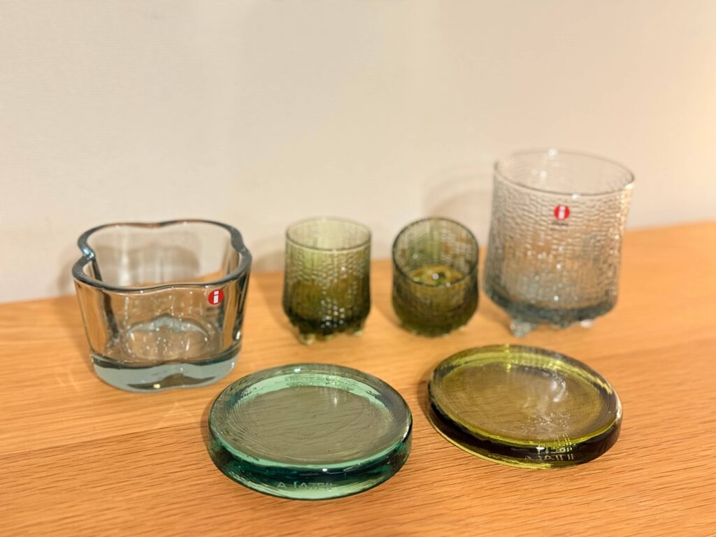 Iittala purchases: recycled candle holder, Ultima Thule limited sake glasses, recycled glass tumbler, store closing novelty items