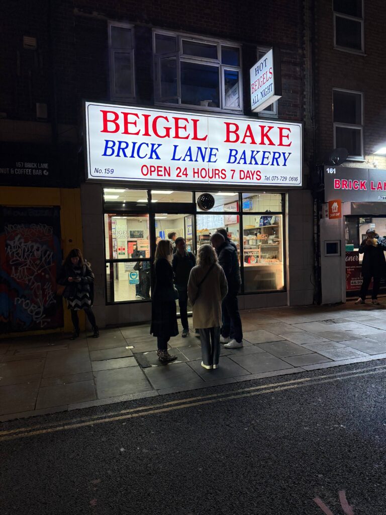 Exterior of popular London bagel shop Beigel Bake, a 24-hour institution