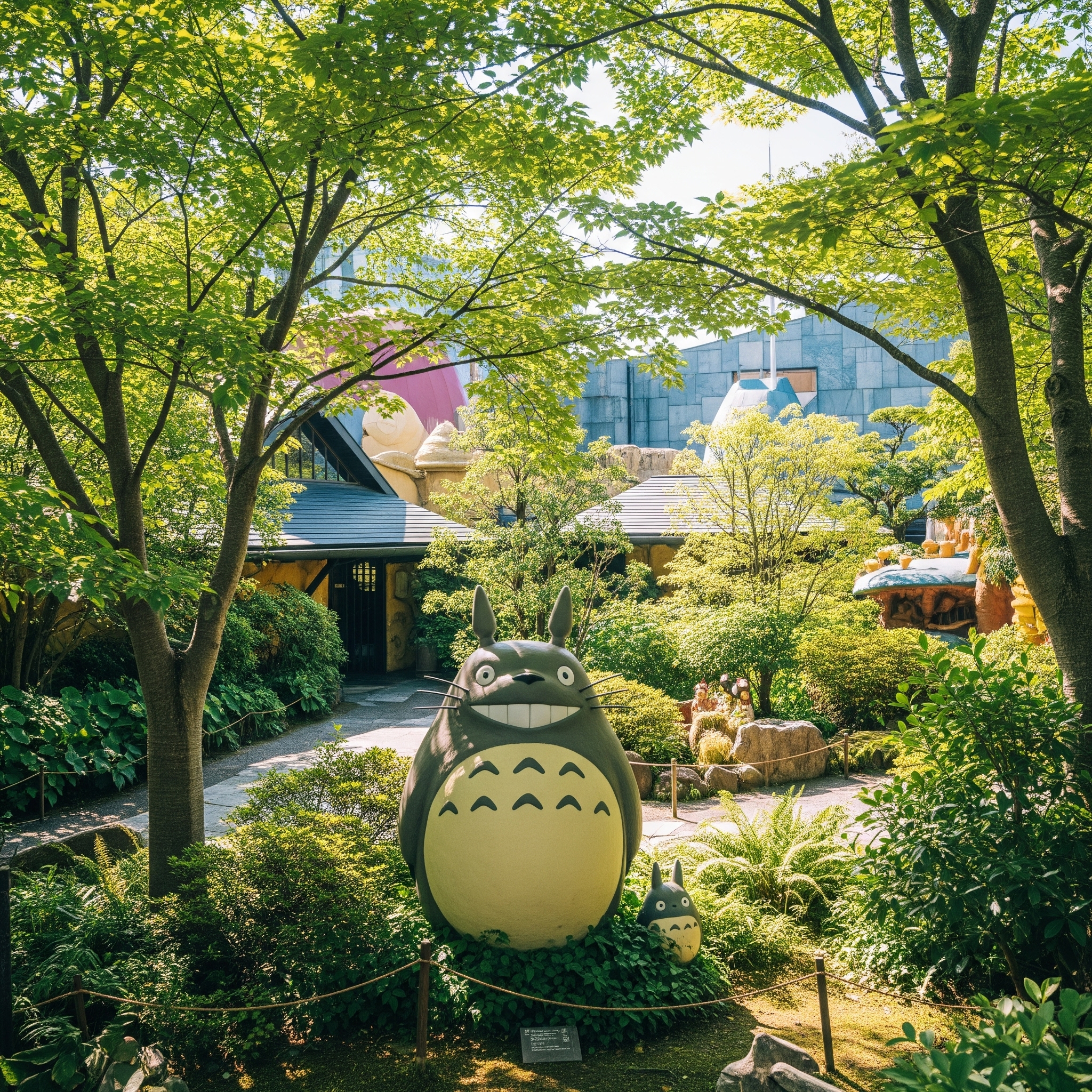 A whimsical, colorful scene of a Totoro statue nestled amongst lush greenery in the Ghibli Museum garden.