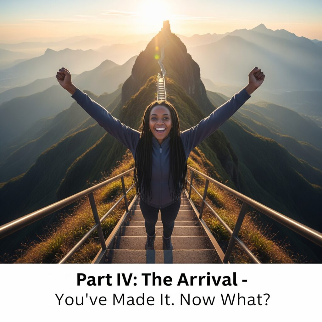 A cinematic shot of a young woman standing triumphantly at the top of a mountain at sunset.