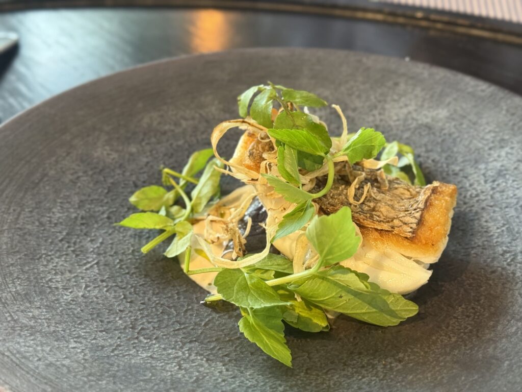 Beautifully plated pan-seared fresh fish from Gifu on a white dish, drizzled with vibrant green Hida sansho pepper and seri (Japanese parsley) fondue sauce.