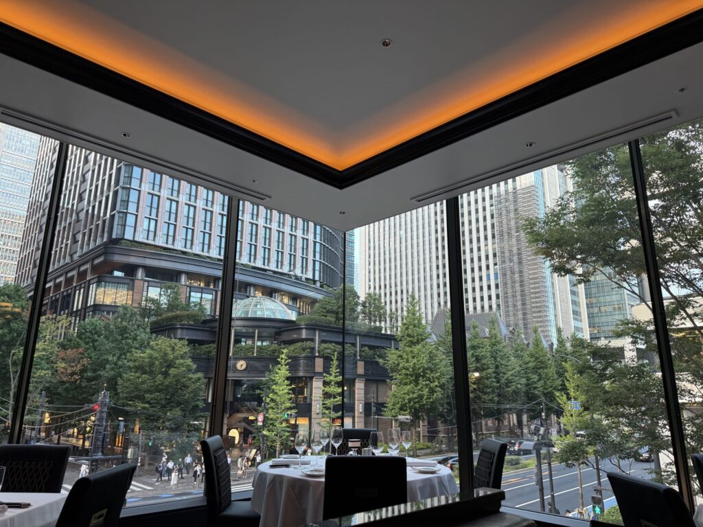 View of the Marunouchi Brick Square courtyard from inside a restaurant, featuring red brick buildings and lush greenery.