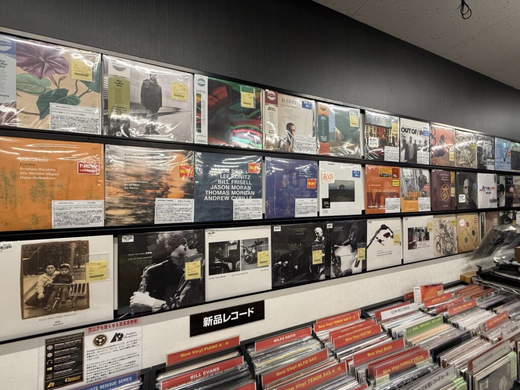 カメラ店の新品コーナーのショーケース。様々なカメラやレンズが陳列され、手前には「新品・新入荷コーナー」と書かれたPOPがある。