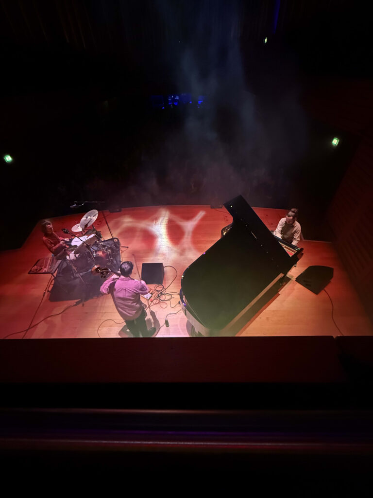 Silhouette of a person playing a keyboard on a dark stage, with fantastical purple and blue lighting in the background.
