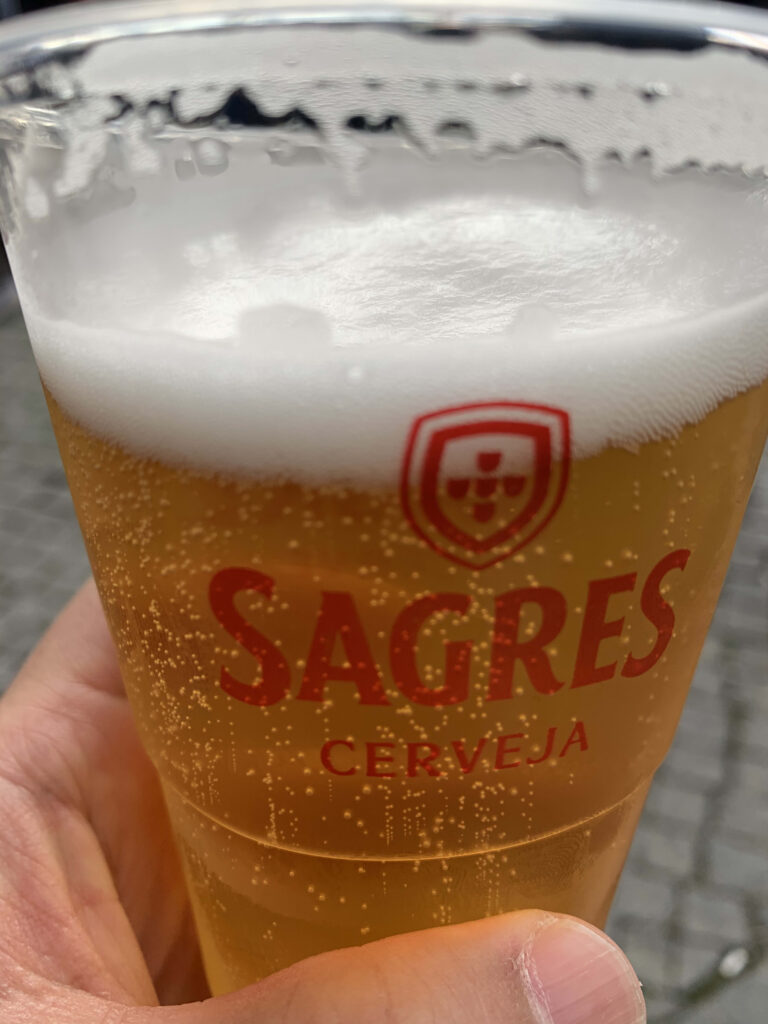 A hand holding a pint of beer at the Web Summit conference, with a presentation screen and audience in the background.