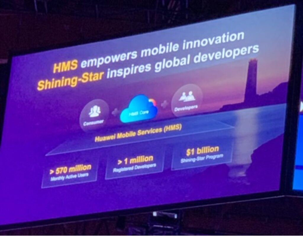A presentation slide from Huawei at Web Summit 2019. The title is 'Huawei Mobile Services Strategy', showing two strategic pillars: 'A Fully-Open Ecosystem' and 'All-Scenario Experience'.