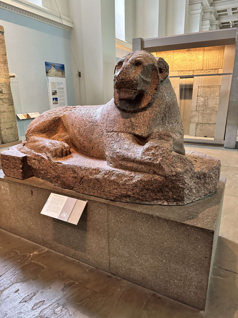 博物館のホールに展示されている、横たわる古代エジプトのアメンホテプ3世の巨大なライオン像。赤色花崗岩で作られ、力強く荘厳な雰囲気を醸し出している。