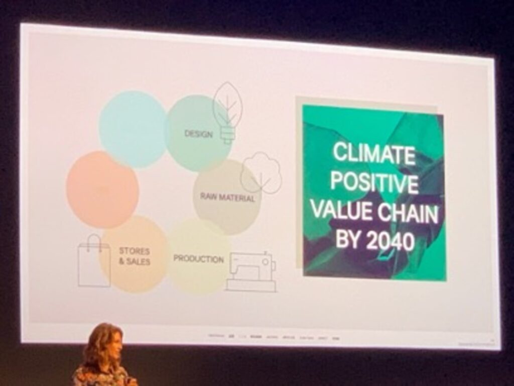A slide from H&M's presentation at Web Summit 2019 showing their strategic sustainability goals. Three goals are listed with icons: '100% CIRCULAR & RENEWABLE', '100% FAIR & EQUAL', and '100% LEADING THE CHANGE'.