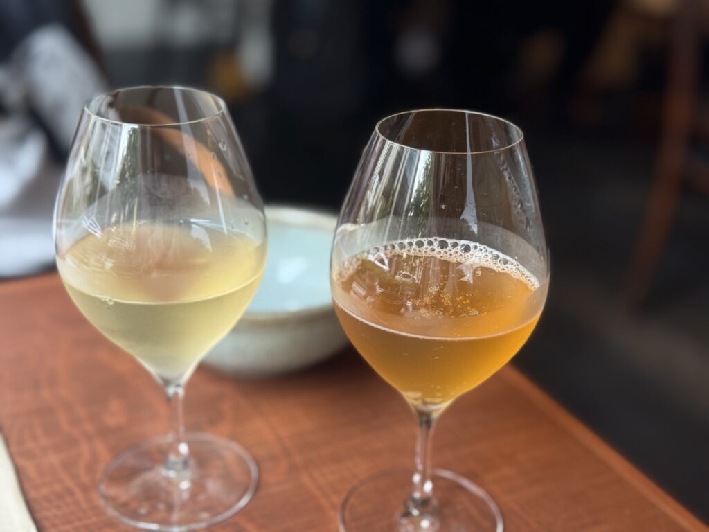Two glasses on a wooden table: one with homemade kombucha and the other with non-alcoholic white tea sparkling wine.