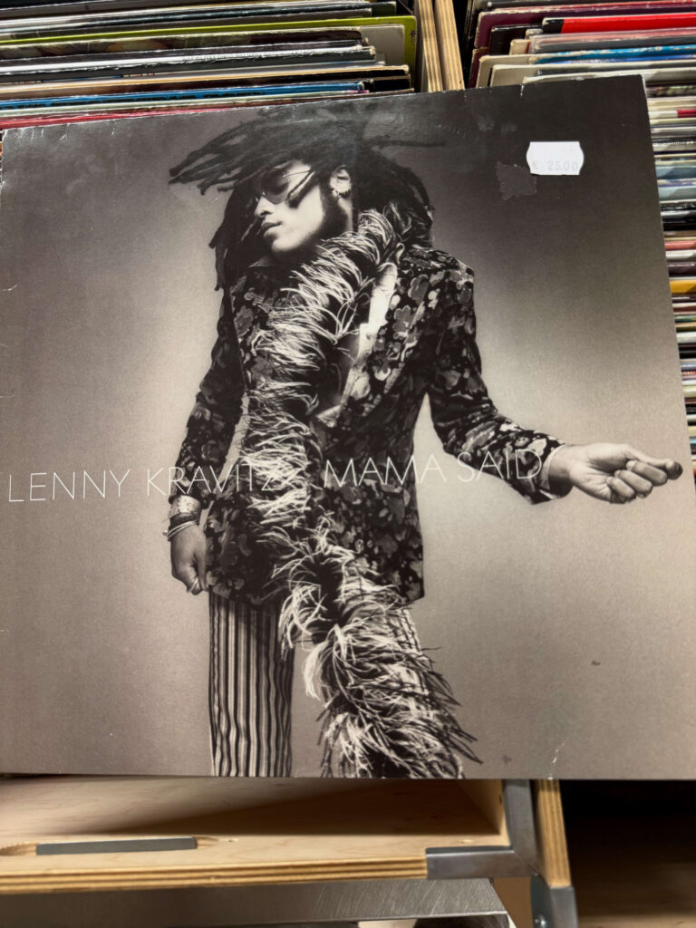 The record cover for Lenny Kravitz's album 'Mama Said' in the store crate. The black and white photo features Kravitz with dreadlocks and sunglasses, wearing a flamboyant jacket.