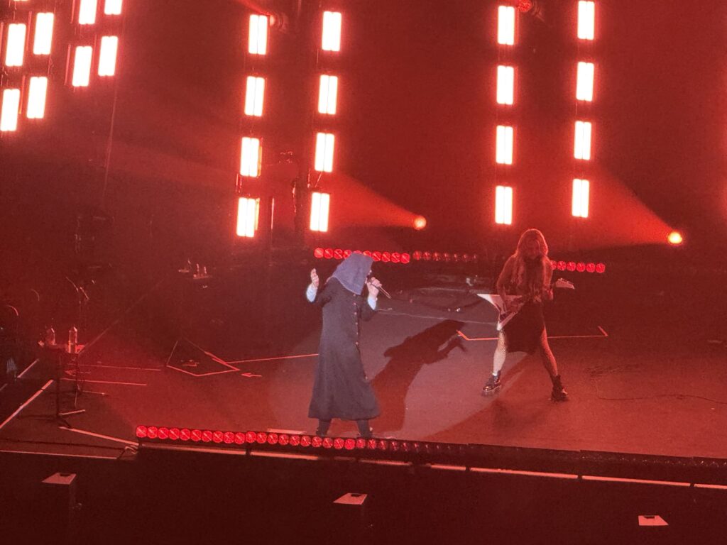A vocalist in a hood and a guitarist perform on a stage bathed in red light.