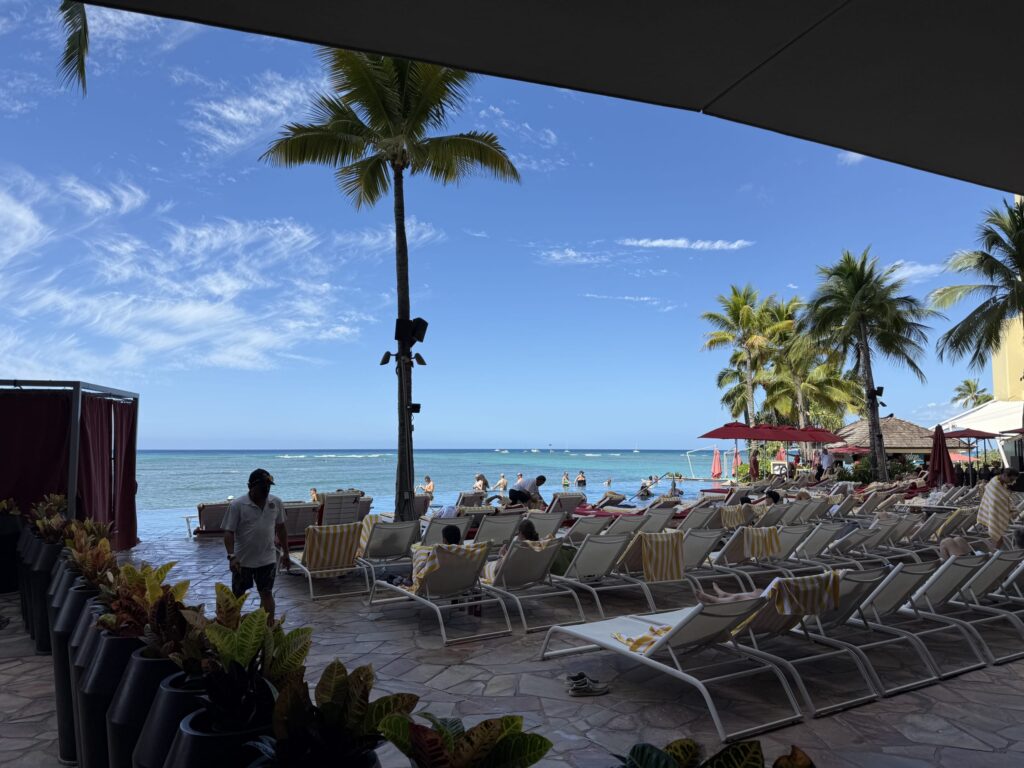 The infinity pool area at the Sheraton Waikiki. Many lounge chairs line the poolside, and beyond the palm trees, the blue sky and ocean stretch out.