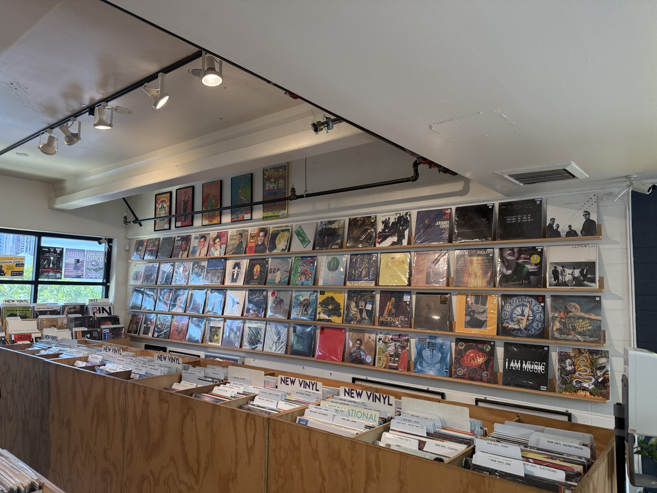 The interior of a record store. A wall is covered with displayed record albums, and in the foreground, wooden bins labeled 'NEW VINYL' are packed with records.