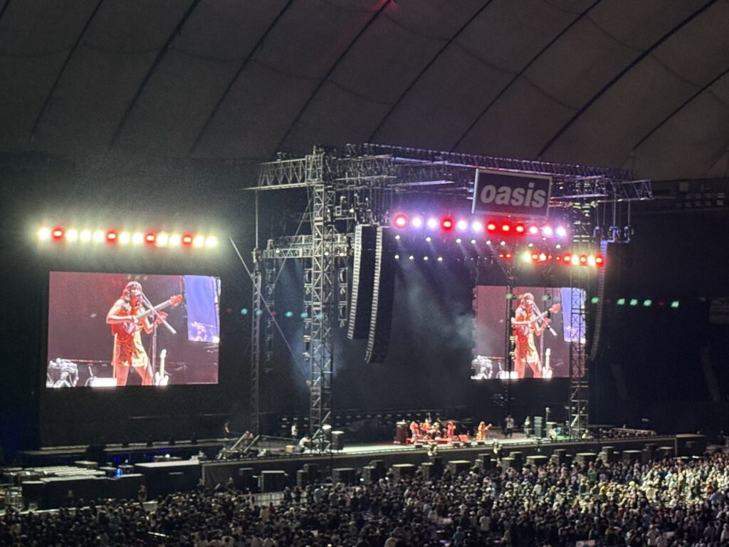 A view of a concert in a dome arena. A large stage is set up, and the screens show a female artist playing the guitar. A massive crowd is gathered in front of the stage, immersed in the energy of the live performance.