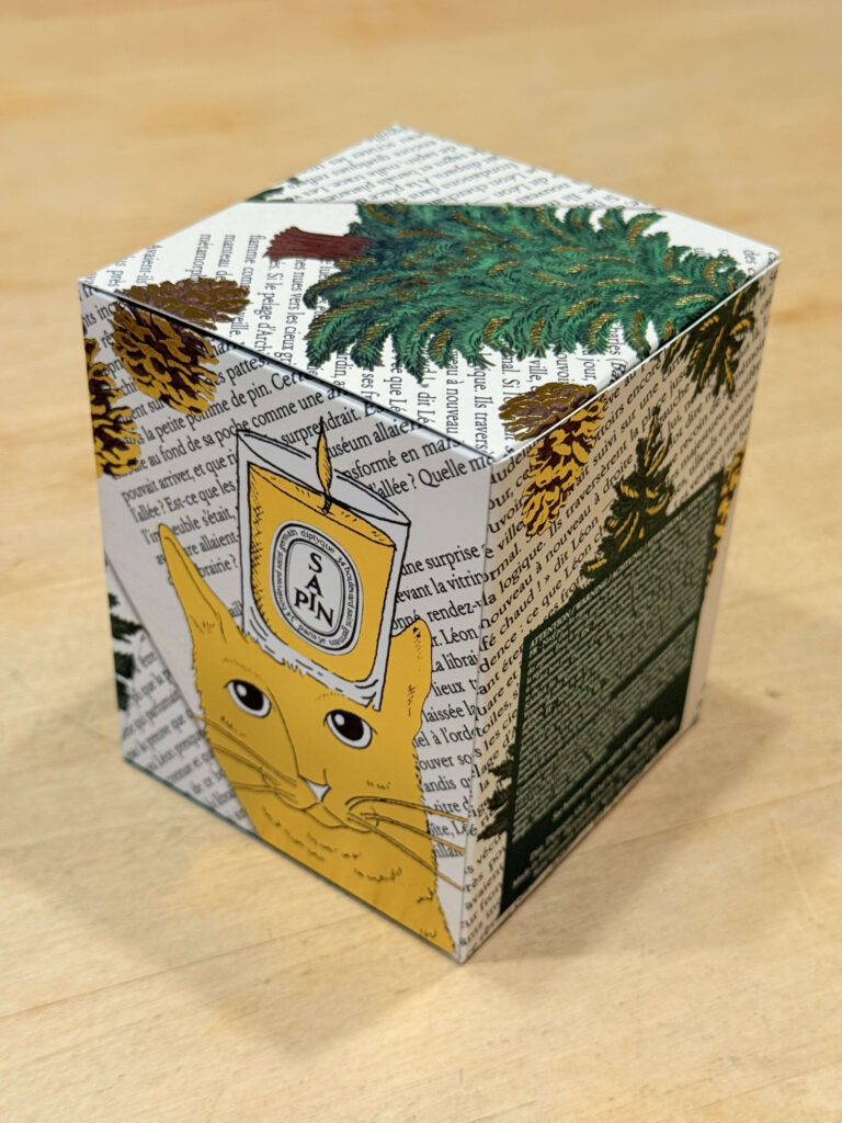 木目調のテーブルの上に置かれた、diptyqueのキャンドル「サパン」の箱。箱には黄色い猫、緑のモミの木、松ぼっくりが描かれている。
