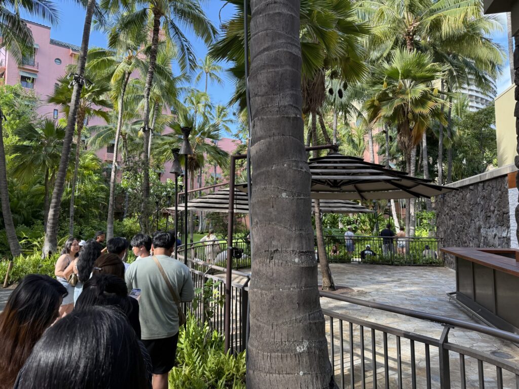 People forming a queue to enter a cafe in the courtyard of the Royal Hawaiian Hotel in Hawaii. The scene shows many palm trees and a pink building under a clear blue sky.