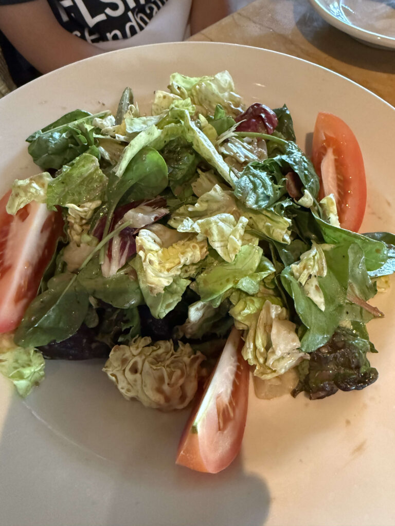 A close-up shot of a green salad with tomatoes on a white plate.