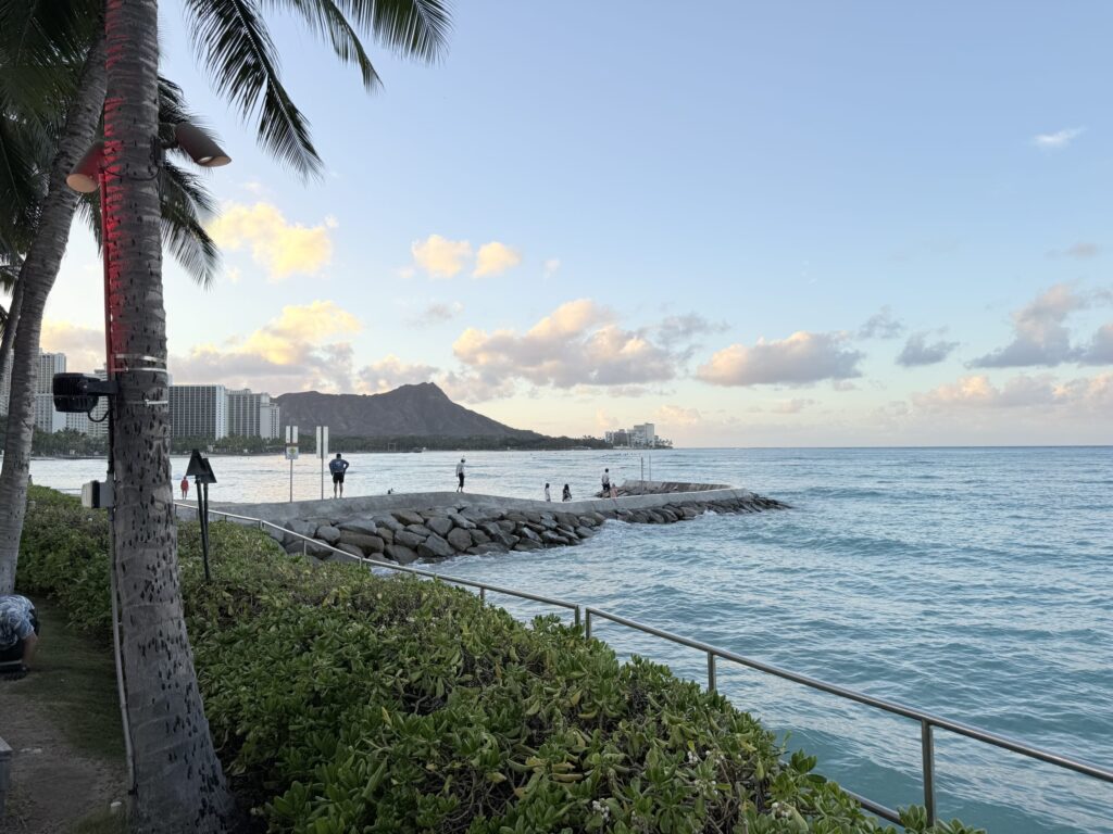 A morning view of Diamond Head from Waikiki Beach in Hawaii. A stone jetty extends into the calm ocean, with hotels in the distance and a palm tree in the foreground.