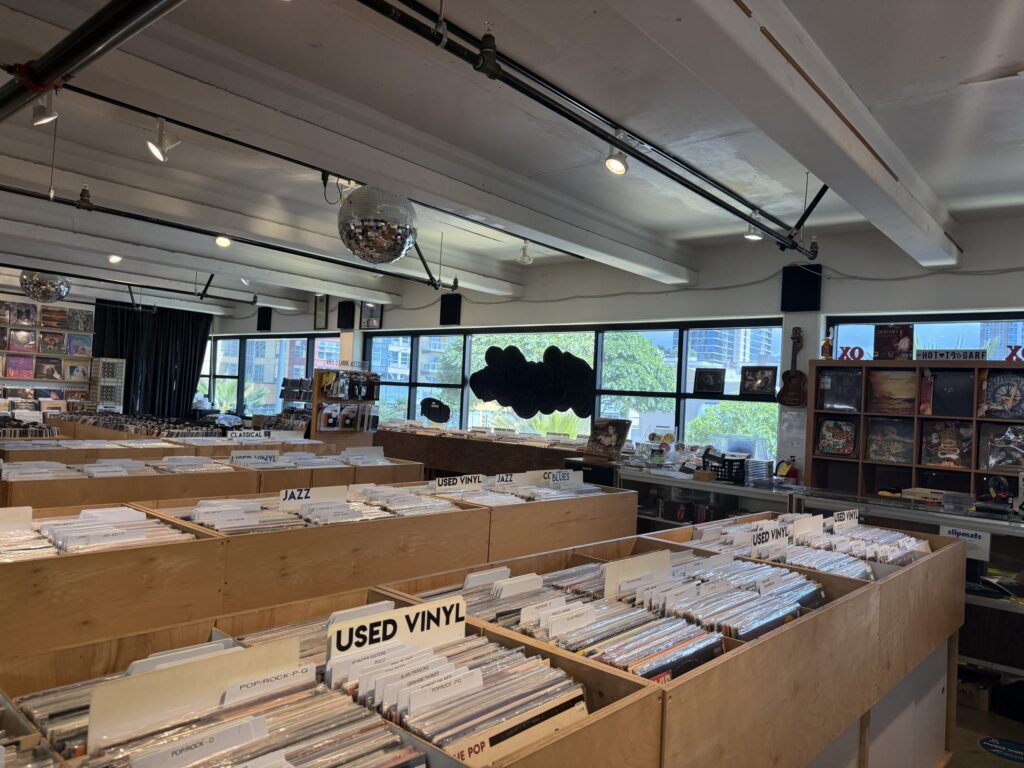 The interior of a sunlit record store. Used records are organized by genre in wooden bins, and a disco ball hangs from the ceiling.