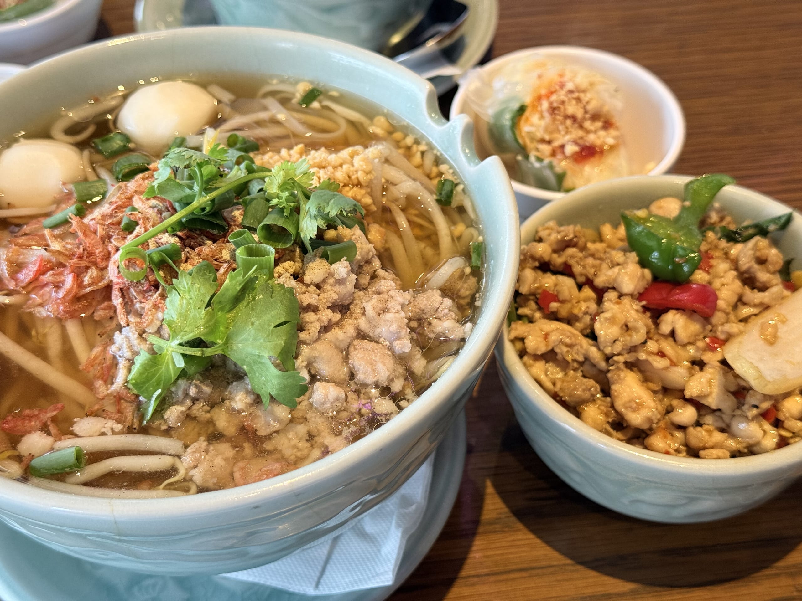 A Thai food set on a wooden table. In the foreground is a bowl of Sen Lek Nam, a rice noodle soup with minced meat and cilantro, with a side of mini Gapao and a fresh spring roll in the background.