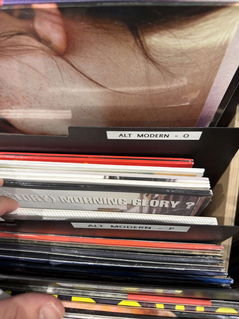 レコード店の棚でレコードを探している様子。「ALT MODERN - O」と書かれた仕切りの間に、Oasisのアルバム「(What's the Story) Morning Glory?」が見える。