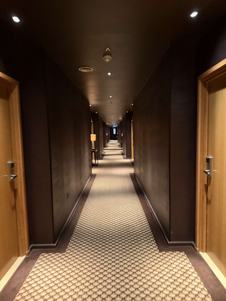 A long, seemingly endless hotel corridor illuminated by dim lighting. The walls are dark brown, and the floor is covered with a scallop-patterned carpet.
