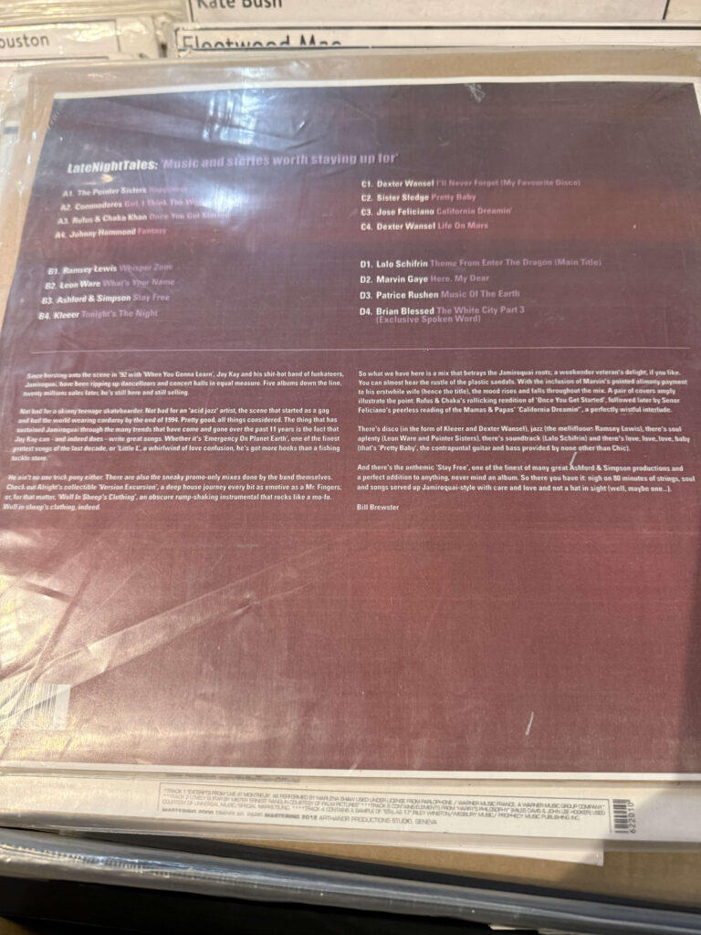The back cover of a record titled 'LateNightTales'. It is wrapped in plastic and shows the tracklist and liner notes.