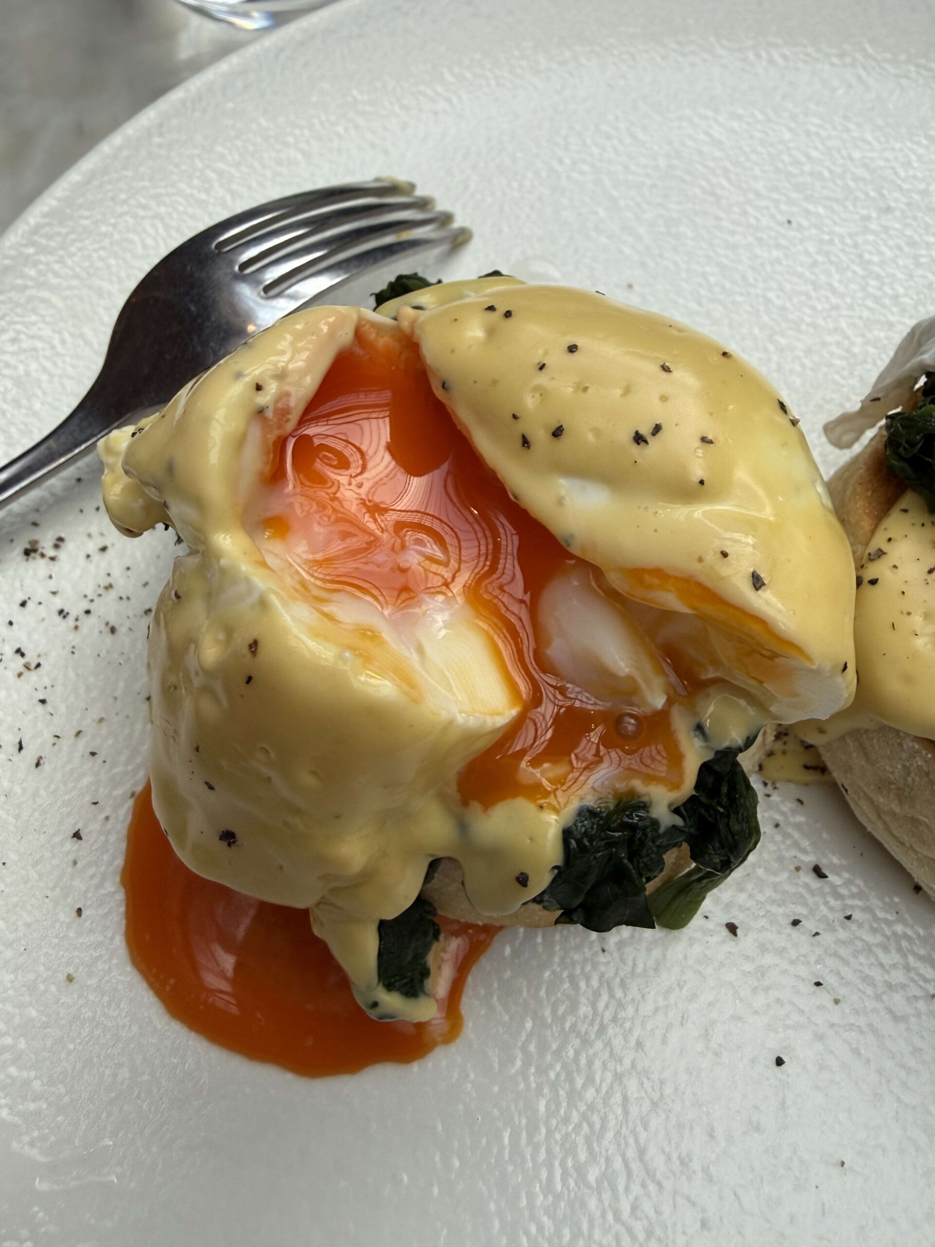 Close-up of cut Eggs Benedict on a white plate, with runny orange yolk flowing from the poached egg, topped with hollandaise sauce and black pepper.