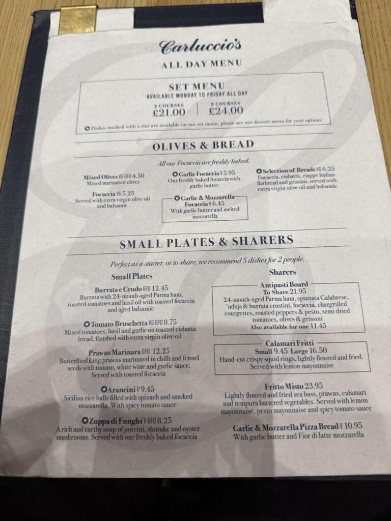 Carluccio's All Day Menu showing prices for the set menu, olives, breads, and small plates.