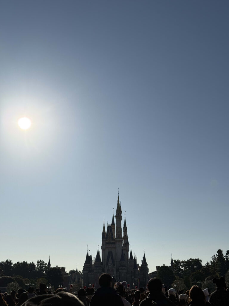 Silhouette of Cinderella Castle against a clear blue sky with a bright sunburst and a crowd in the foreground