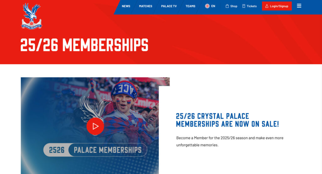 Screenshot of the Crystal Palace FC official website's 25/26 season membership sales page