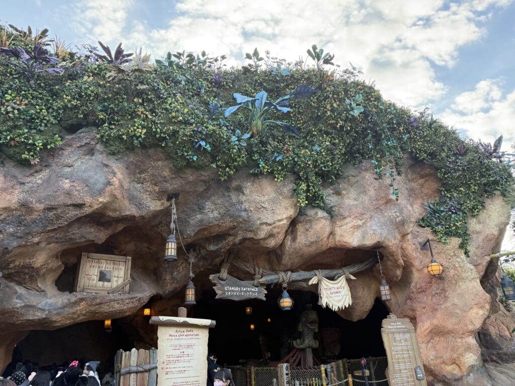 The rocky entrance to Peter Pan's Never Land Adventure in Fantasy Springs, covered in lush fantasy vegetation and rustic wooden signs.