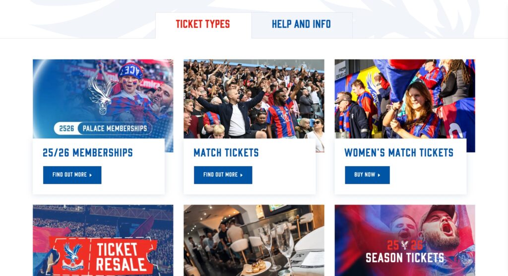 クリスタル・パレスFC公式サイトのチケットタイプ選択画面。「25/26 MEMBERSHIPS」や「MATCH TICKETS」などのカードが並んでいる。