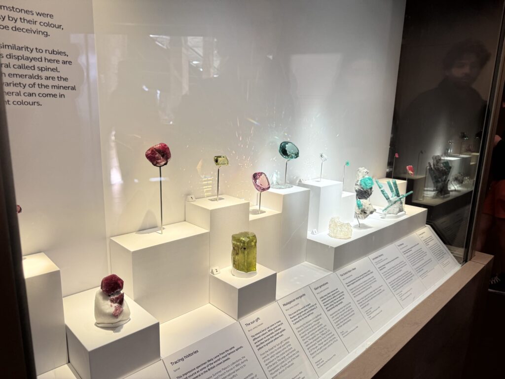 A glass display case in a museum filled with colorful rare gemstones and mineral specimens on white pedestals