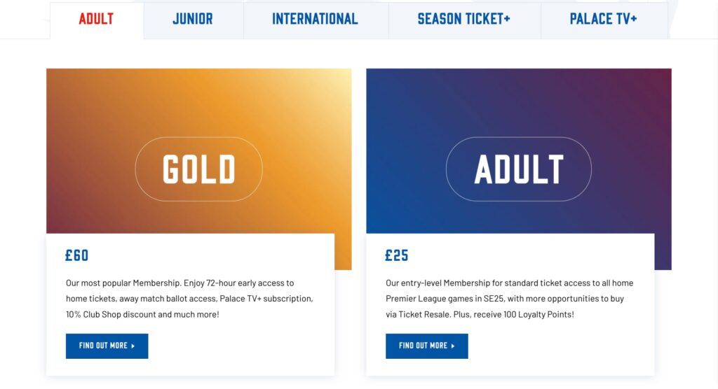 Crystal Palace FC membership selection screen showing the Gold plan for £60 on the left and the Adult plan for £25 on the right.