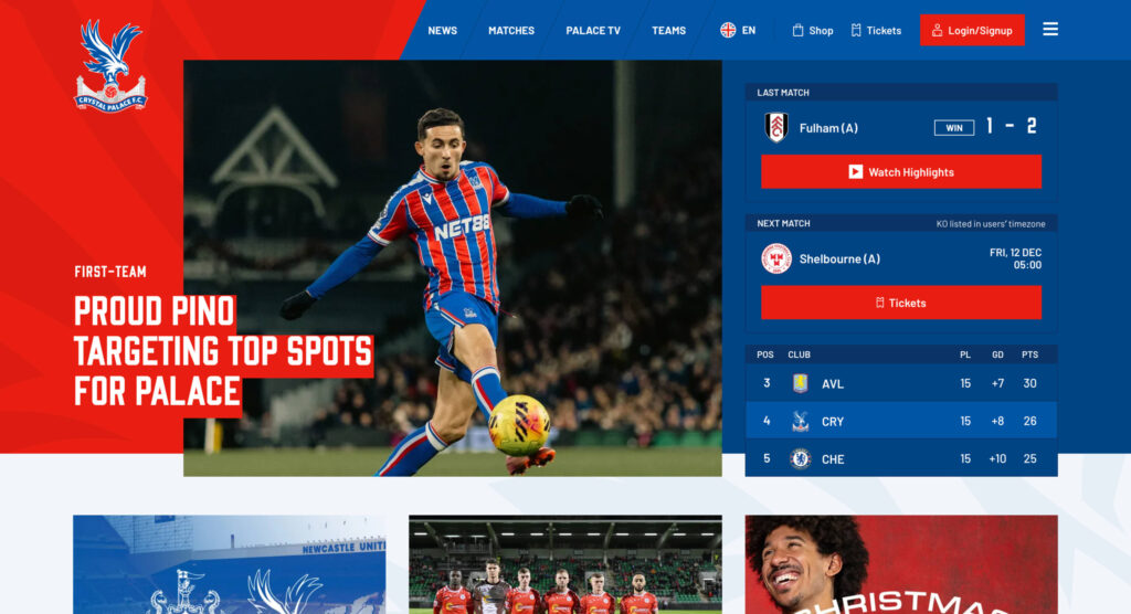 Crystal Palace F.C. official website homepage showing the 'Tickets' button in the top menu bar.