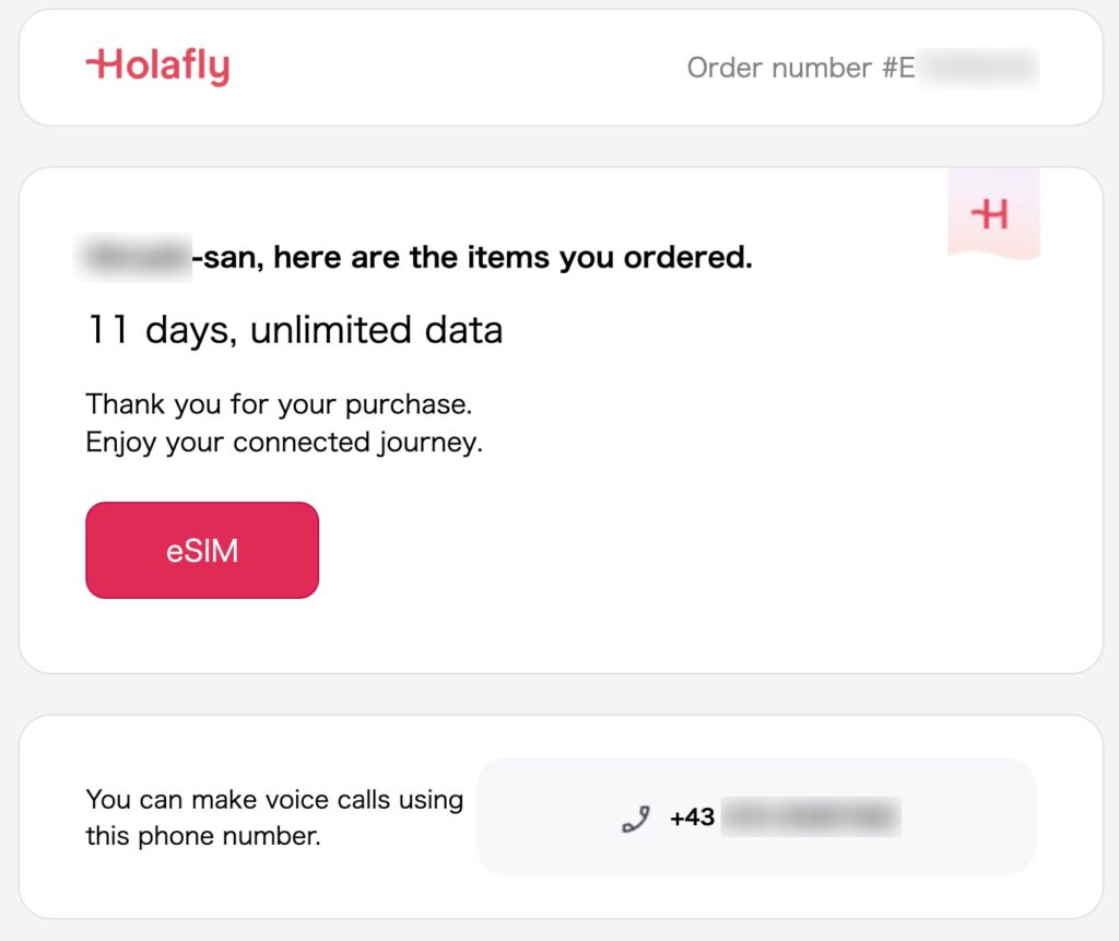 Holafly order details screen showing an 11-day unlimited data eSIM plan and a phone number