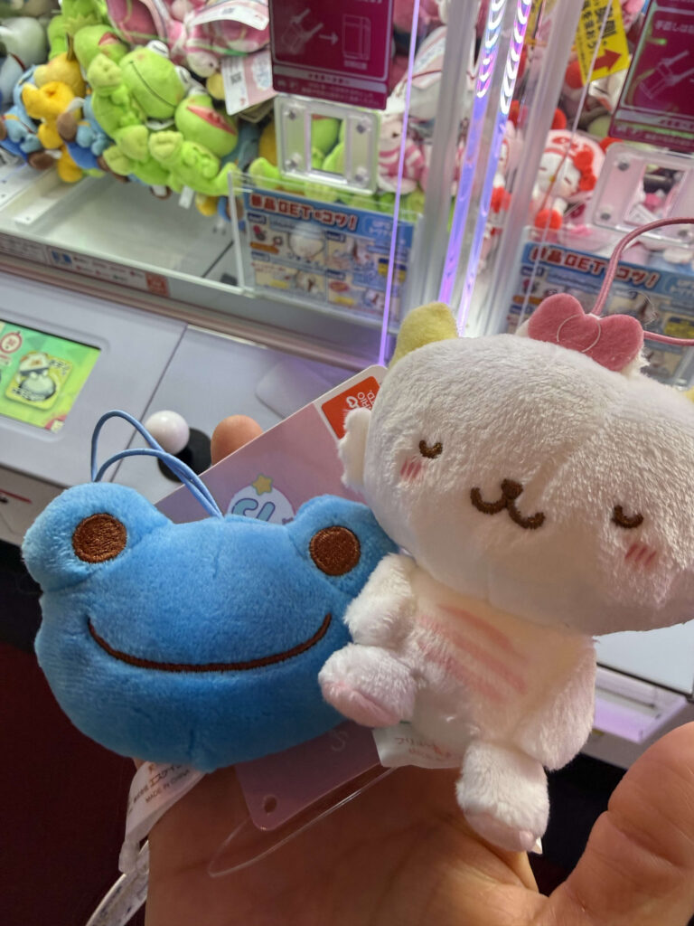 ゲームセンターのクレーンゲームの前で、獲得した青いカエルのマスコットとピンクのリボンをつけた白い猫のぬいぐるみを持っている手