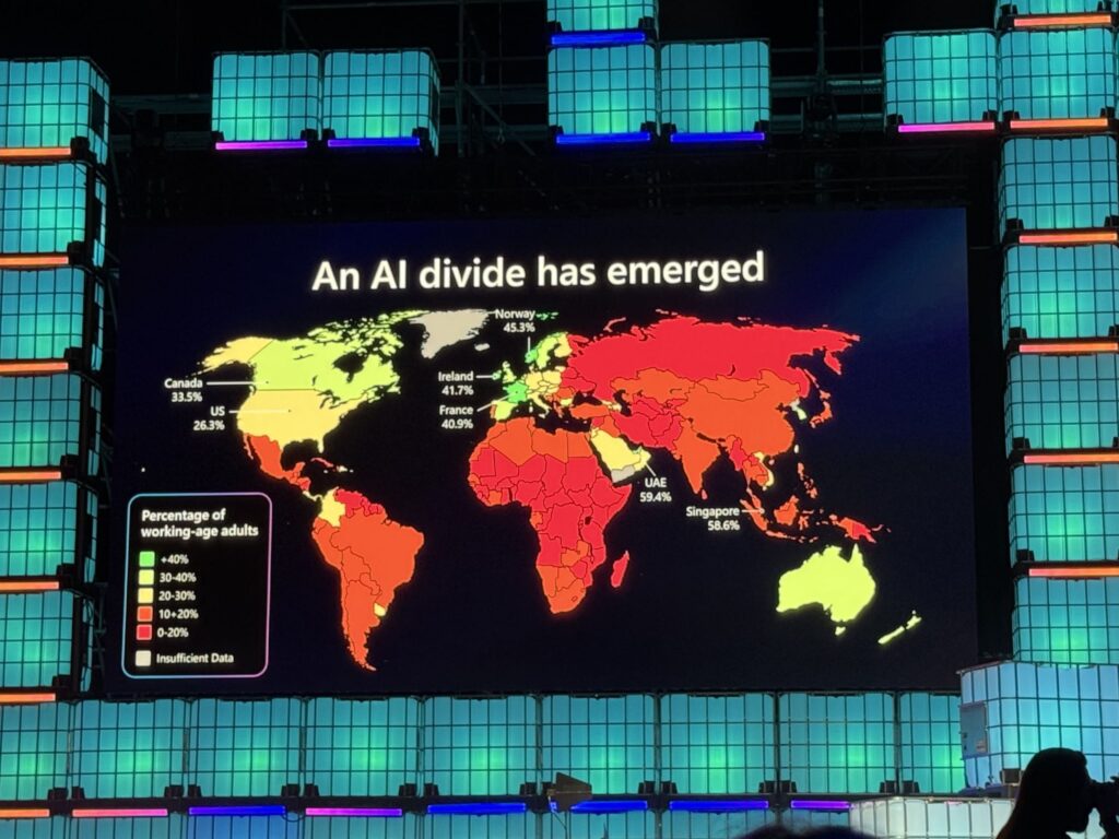 世界地図のヒートマップでAI普及率の格差を示したプレゼンテーション画面