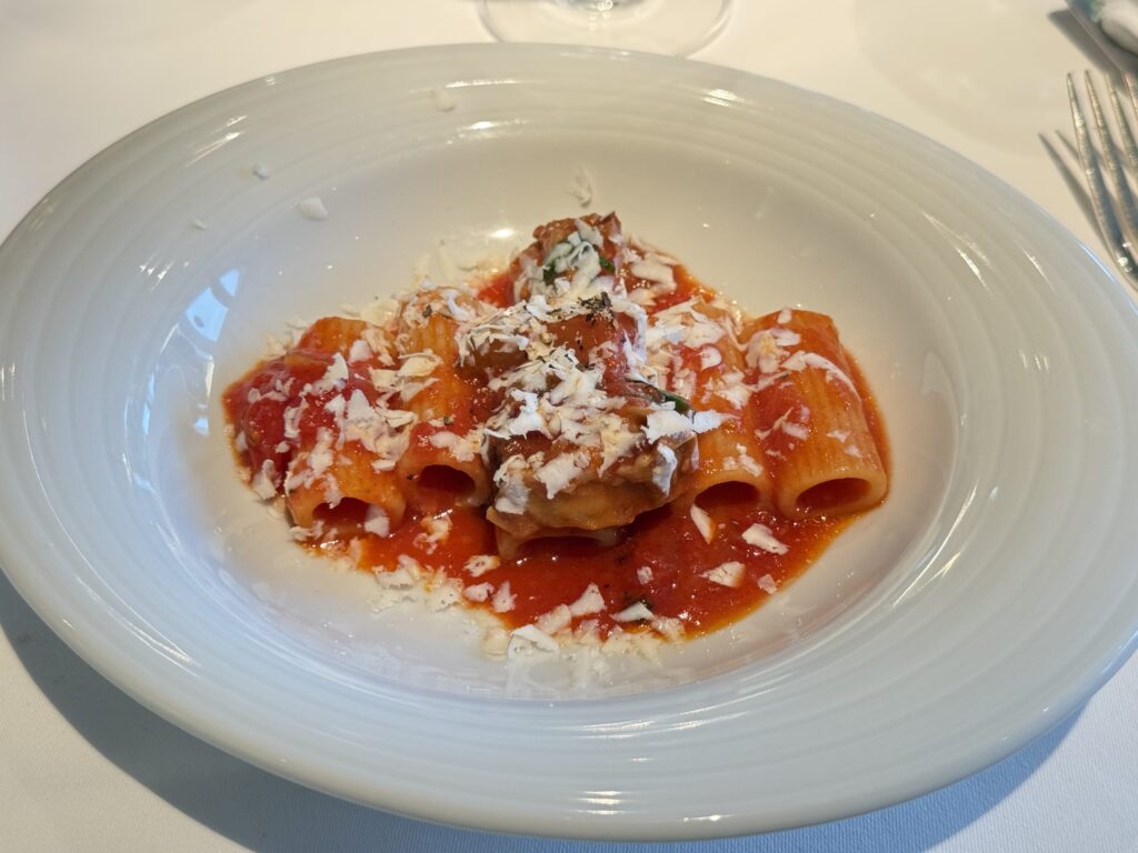 Rigatoni pasta with stewed beef brisket in tomato sauce topped with grated cheese on a white plate