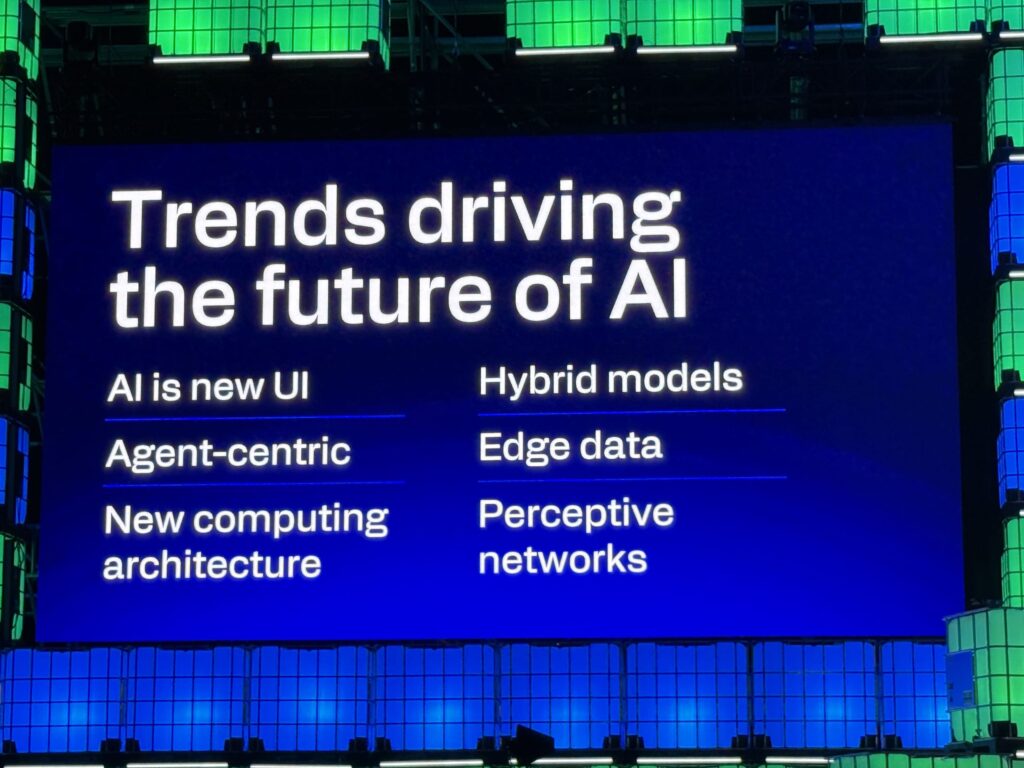 Presentation slide titled 'Trends driving the future of AI' listing six points: AI is new UI, Agent-centric, New computing architecture, Hybrid models, Edge data, and Perceptive networks.