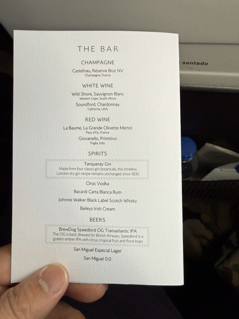 British Airways business class in-flight drink menu card titled 