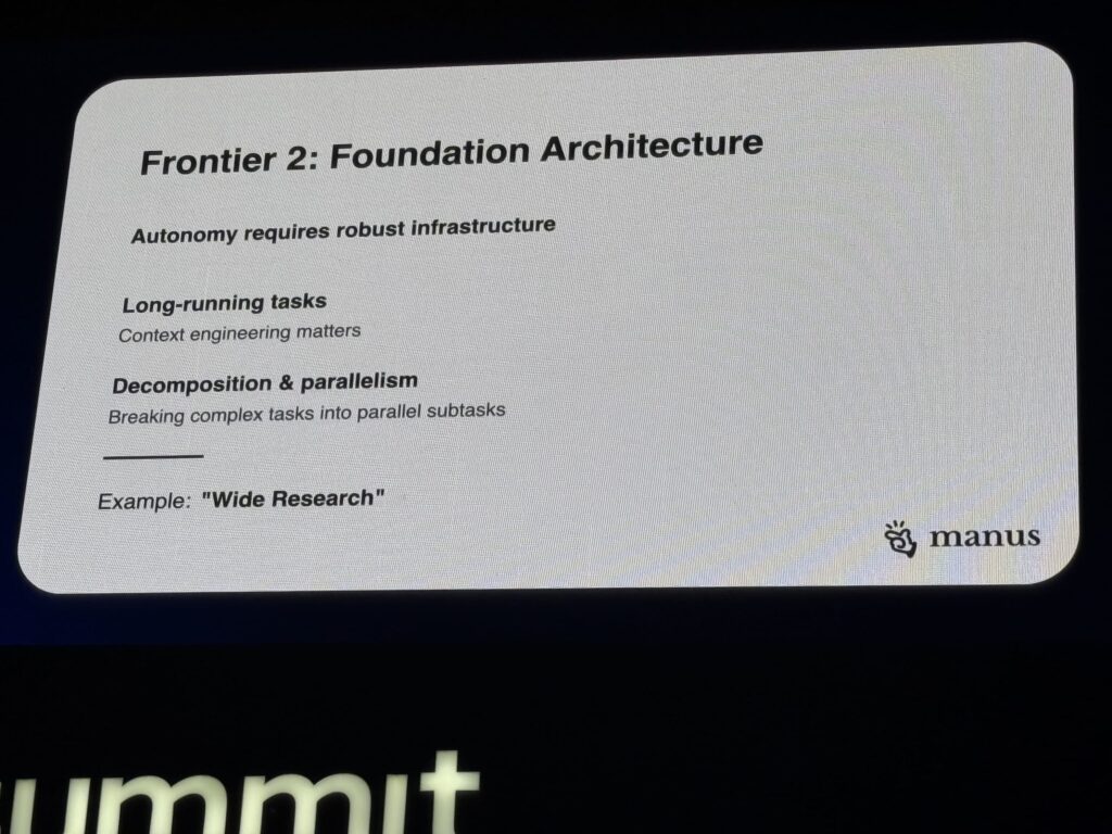 「Frontier 2: Foundation Architecture」と題されたmanusのプレゼンテーションスライド。自律性には堅牢なインフラが必要であり、タスクの分解と並列化が重要であると説明している。