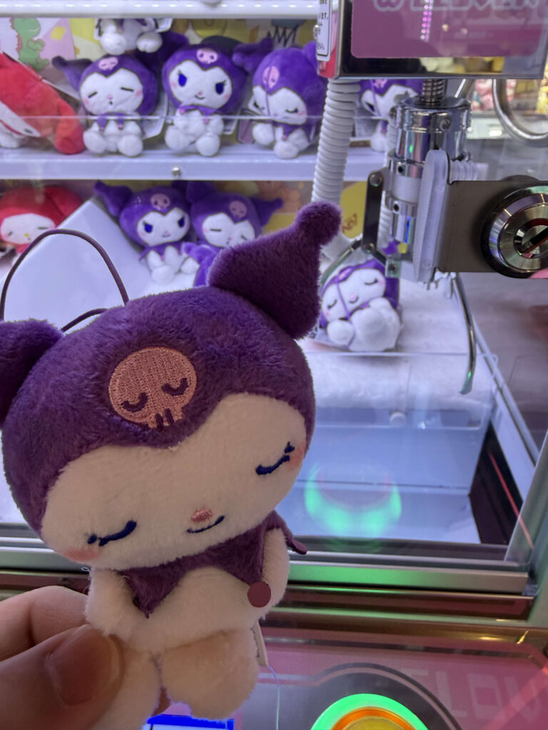 クレーンゲーム機を背景に手に持たれた、目を閉じて眠っている紫色のクロミのぬいぐるみ
