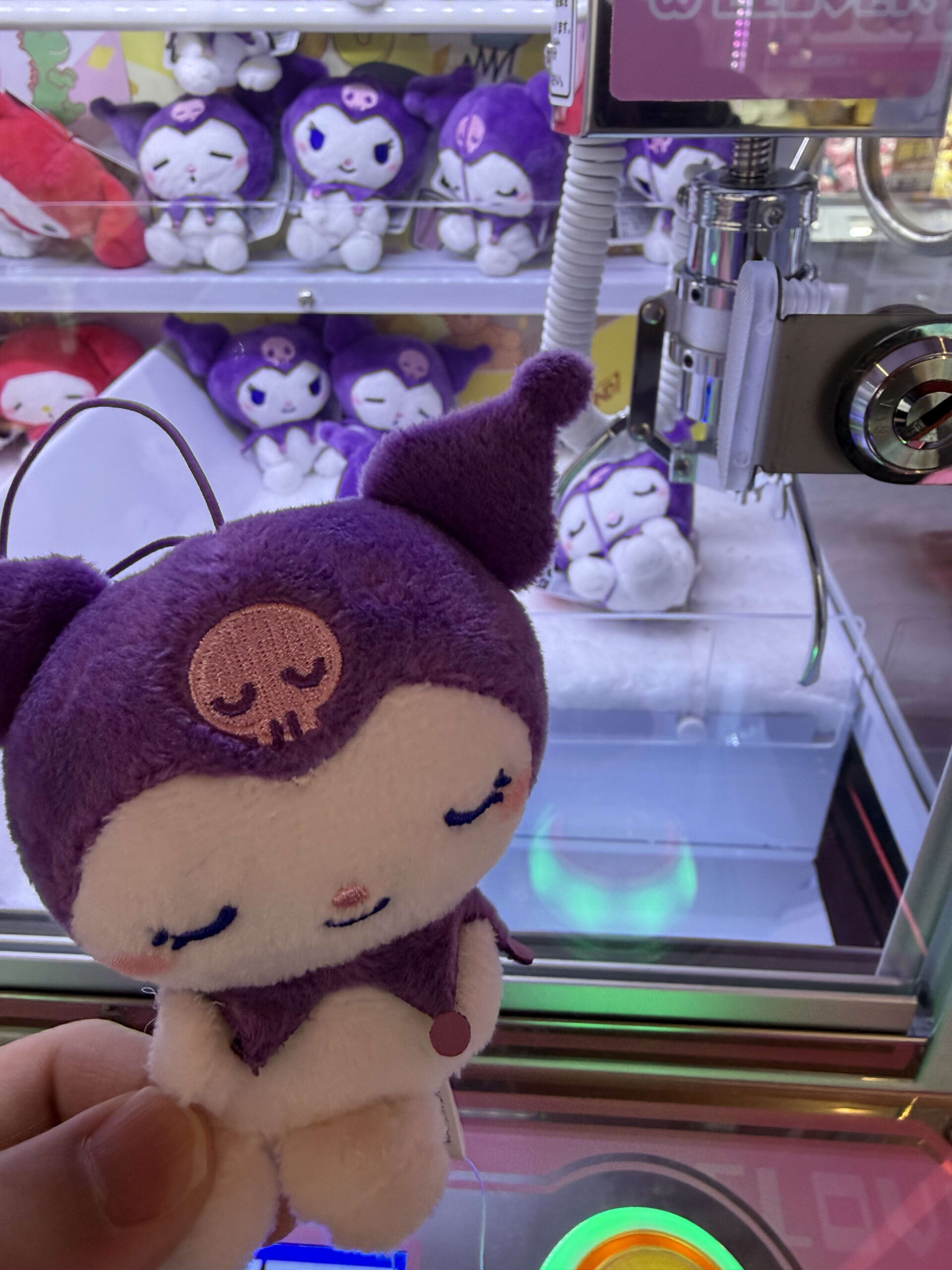 クレーンゲーム機を背景に手に持たれた、目を閉じて眠っている紫色のクロミのぬいぐるみ